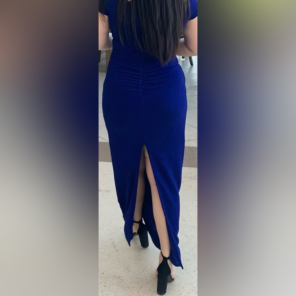 Xscape Cobalt Blue Glitter Stretch Off the Shoulder Evening Body Con Dress - Picture 3 of 10